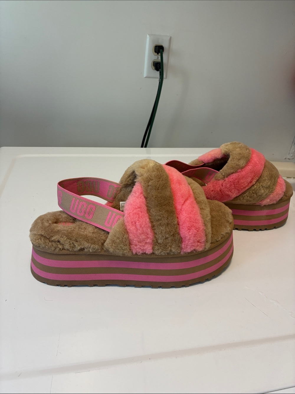 UGG Brown and Pink Shearling Platform Slingback Slides size 11